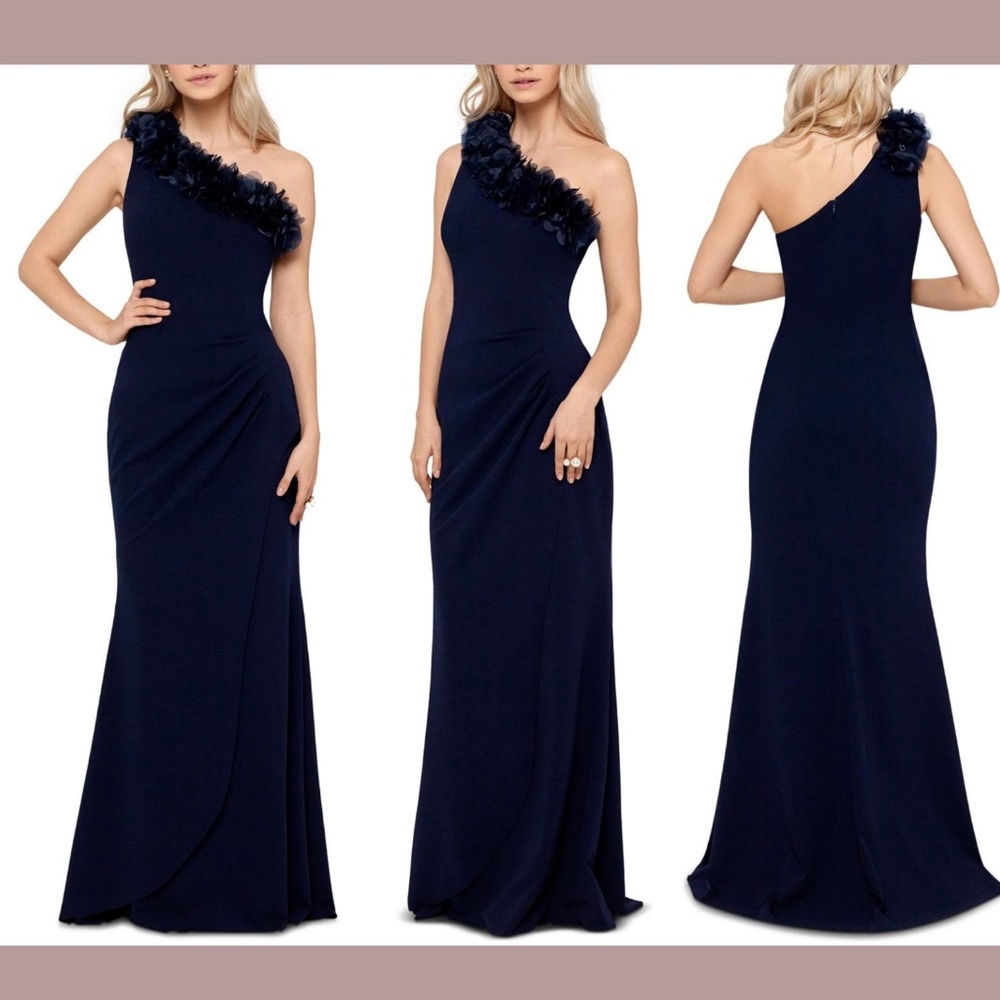 NWT Xscape Floral Applique One Shoulder Gown in Navy [ PETITE‎ 8P ]